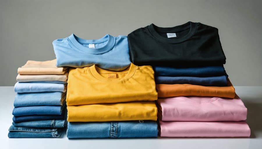 Stack of colorful custom printed t-shirts and hoodies on wooden surface