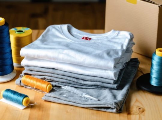 Small stack of custom printed t-shirts and hoodies on a wooden table with embroidery thread and a screen-print squeegee, lit by soft daylight; blurred background shows a compact Canadian studio with a heat press and shipping boxes, no visible text.