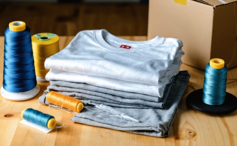 Small stack of custom printed t-shirts and hoodies on a wooden table with embroidery thread and a screen-print squeegee, lit by soft daylight; blurred background shows a compact Canadian studio with a heat press and shipping boxes, no visible text.