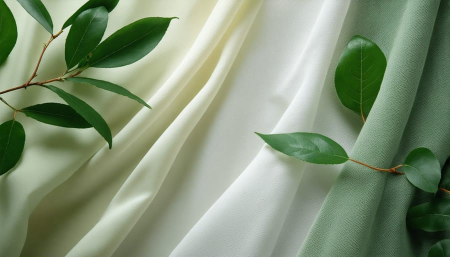 Close-up of hands feeling high-quality organic cotton fabric texture