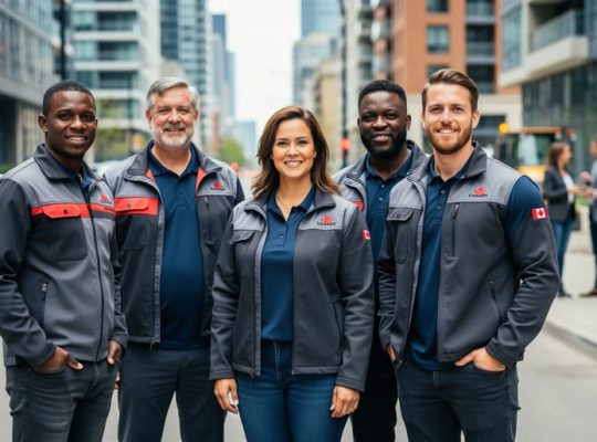 A team wearing coordinated custom work jackets and polos stands outdoors in a professional Canadian business setting with a softly blurred job-site background.
