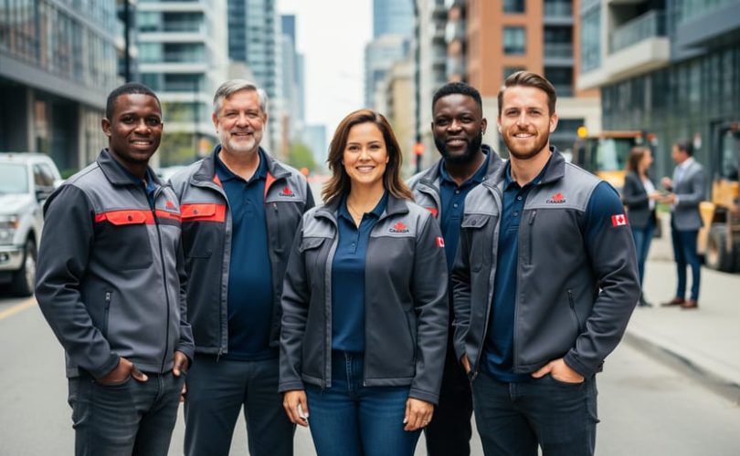 A team wearing coordinated custom work jackets and polos stands outdoors in a professional Canadian business setting with a softly blurred job-site background.