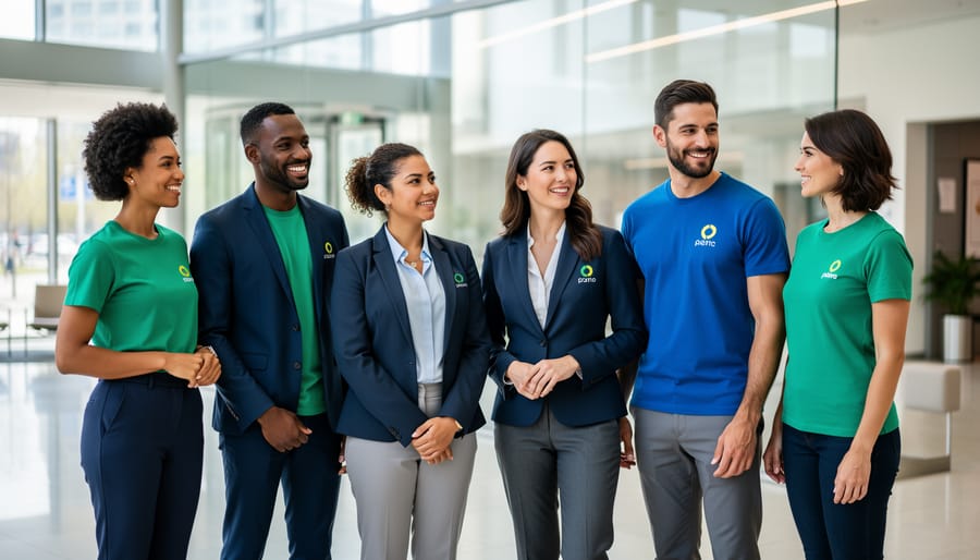 Diverse Canadian team wearing coordinated custom business jackets and polos outside a modern office building