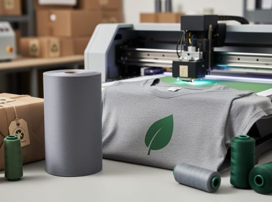 Eco-friendly custom apparel printing setup in a Canadian studio with a fabric roll, printed shirt, and sustainable materials in view.