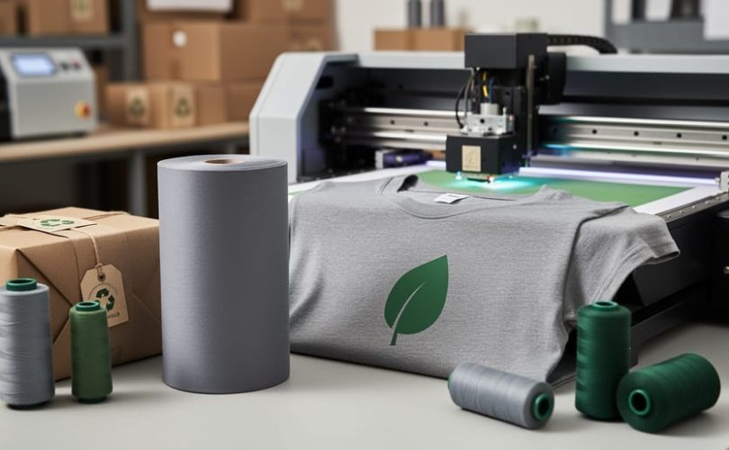 Eco-friendly custom apparel printing setup in a Canadian studio with a fabric roll, printed shirt, and sustainable materials in view.