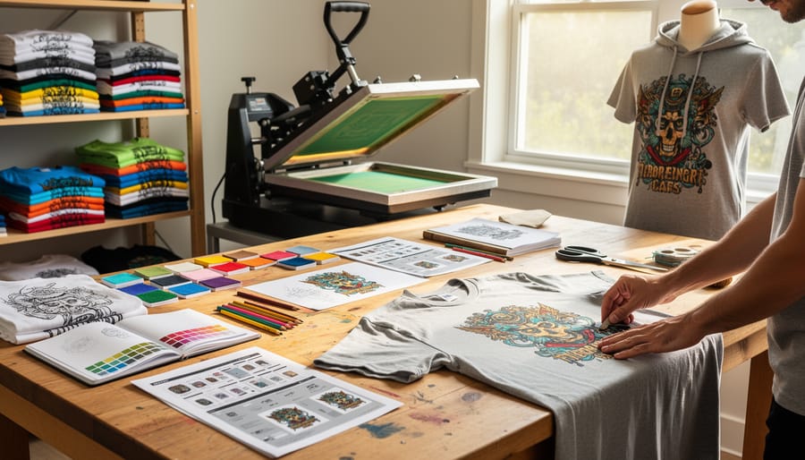 Small custom apparel workstation with a desktop printer and stacks of fabric and garments