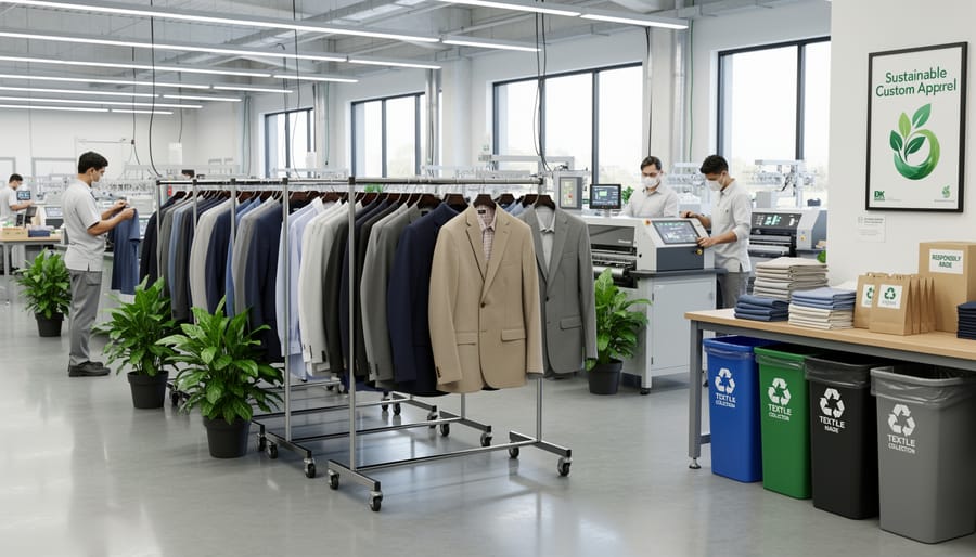 Freshly finished custom work shirts hanging in a bright sustainable production facility