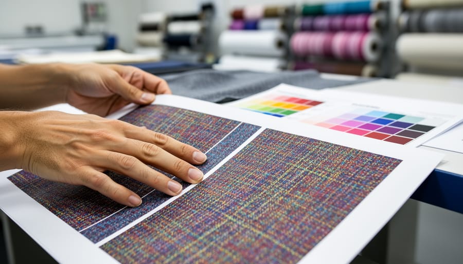 Gloved hands comparing a test print on paper with a fabric swatch for print quality