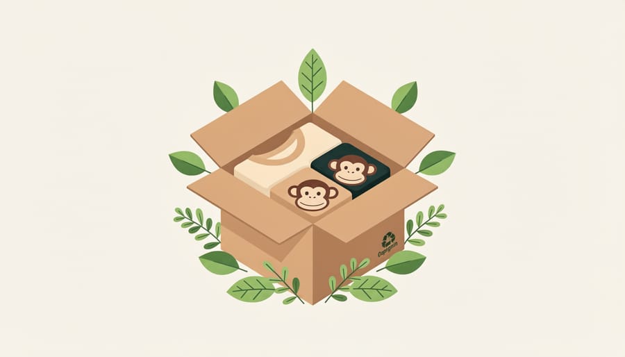 Kraft paper package with folded hoodie and a small sprig of green leaves suggesting sustainable shipping