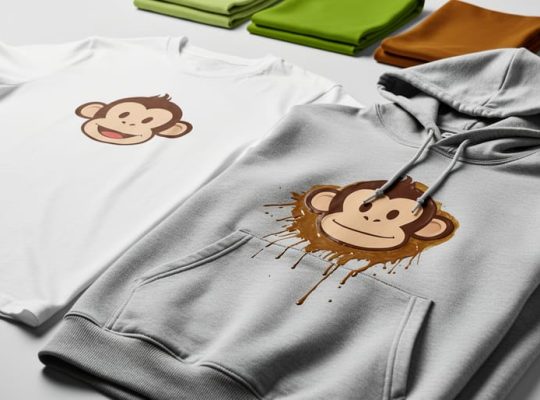 “Studio product mockup of a blank t-shirt and hoodie with a monkey graphic design being created on custom apparel.”
