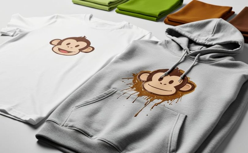 “Studio product mockup of a blank t-shirt and hoodie with a monkey graphic design being created on custom apparel.”