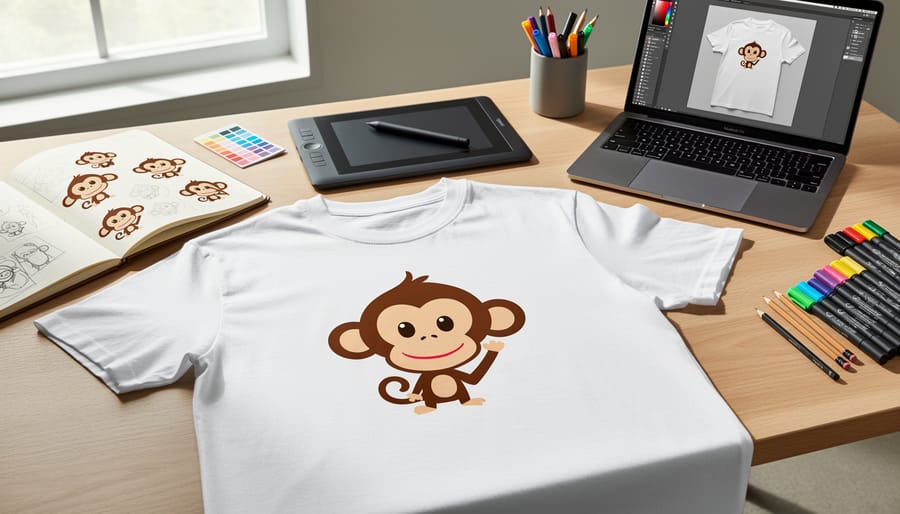 Monkey-themed graphic T-shirt on a wooden workbench with design tools nearby