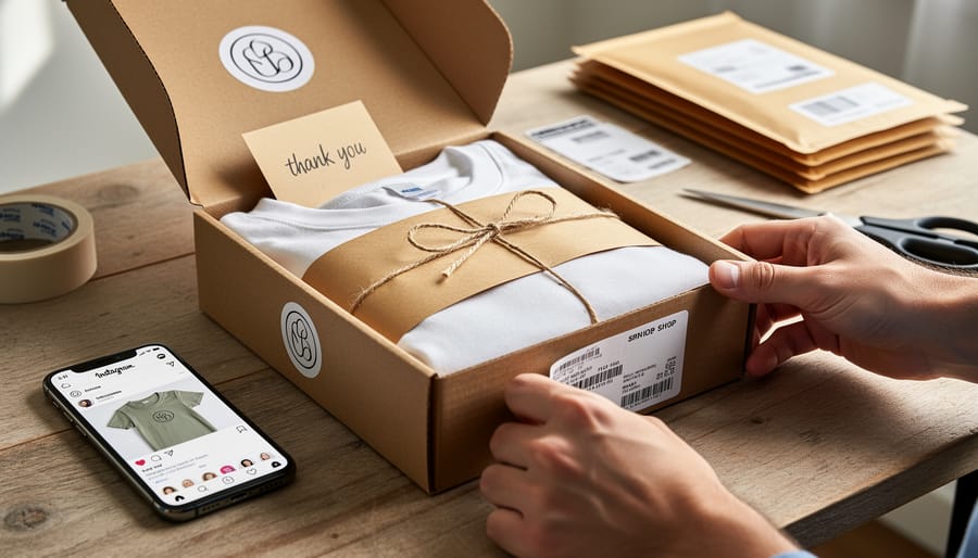 Hands packing a custom t-shirt in a recycled mailer on a workspace next to a smartphone showing shopping imagery without readable text