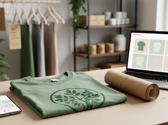 Eco-friendly graphic t-shirt laid on a worktable next to a smartphone and laptop, suggesting selling a custom t-shirt business through Instagram.