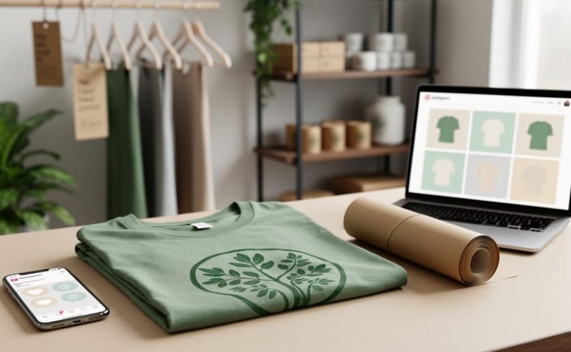 Eco-friendly graphic t-shirt laid on a worktable next to a smartphone and laptop, suggesting selling a custom t-shirt business through Instagram.