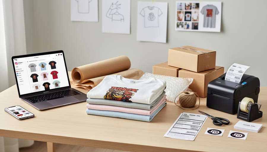 Top-down view of a minimal desk with a smartphone, laptop, notebook, blank hang tags, and sustainable packaging materials