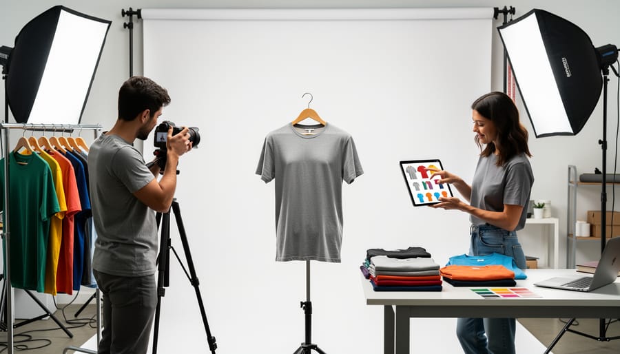 Small studio setup with a ring light, tripod camera, and hanging t-shirts ready for product photography