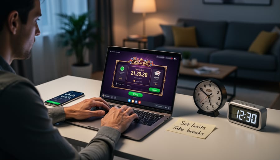 Person at a kitchen table with a smartphone turned face-down and a visible timer to encourage mindful gambling habits