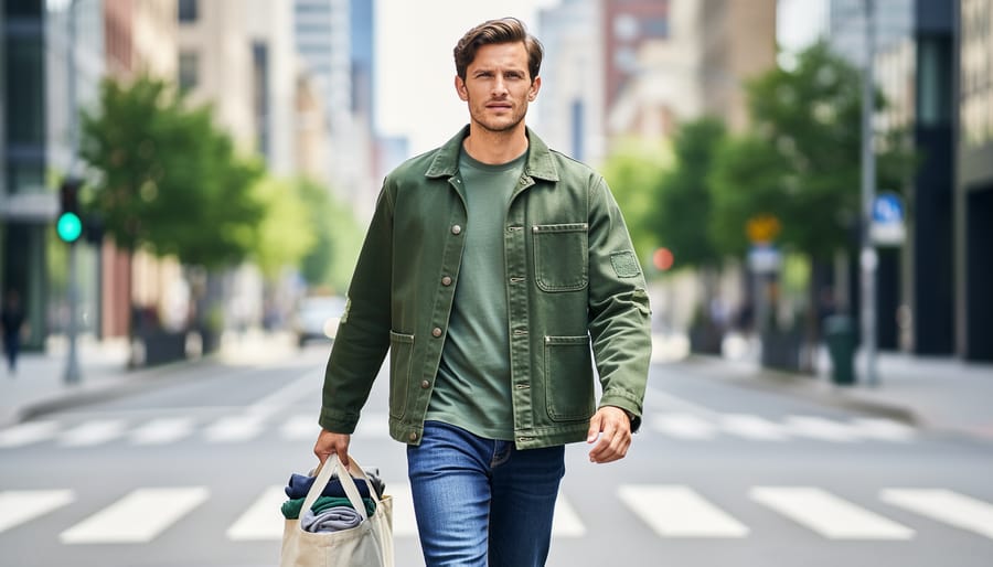 Person wearing a durable jacket with visible stitching in a Canadian park