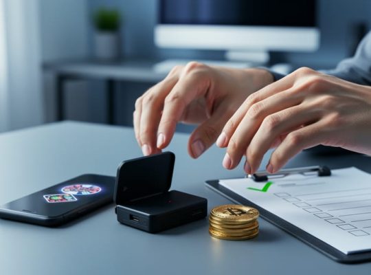 Hands reviewing a crypto wallet and bitcoin coins on a desk beside a blank checklist, representing understandable real Bitcoin casino game rules.