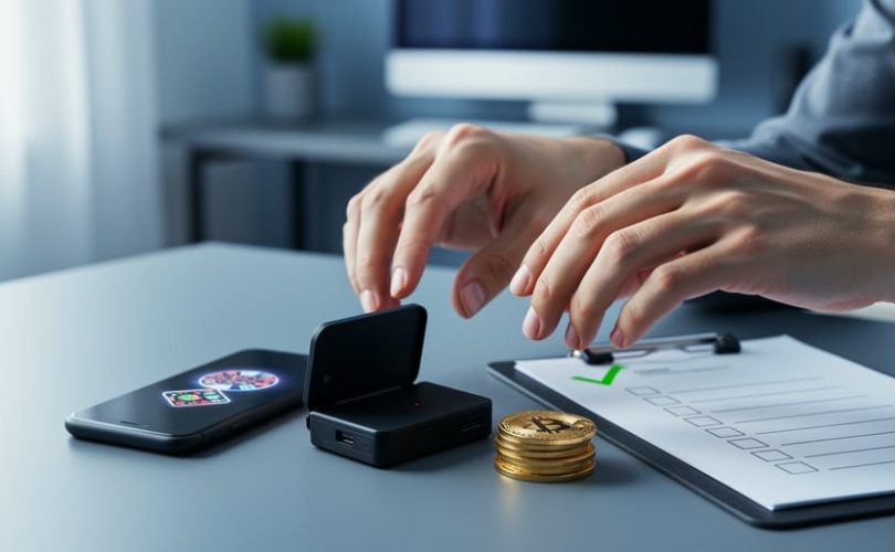Hands reviewing a crypto wallet and bitcoin coins on a desk beside a blank checklist, representing understandable real Bitcoin casino game rules.