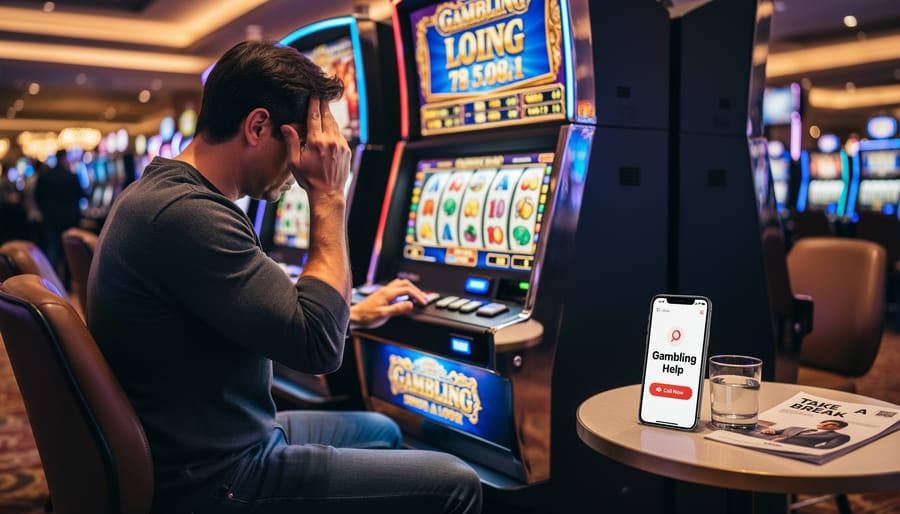 Person’s hands holding a phone while moving away from a relaxed indoor gaming setting, symbolizing taking a responsible break