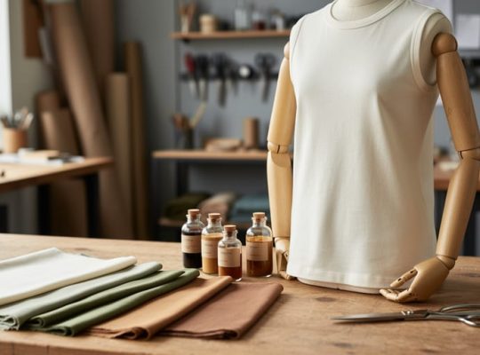 A studio workbench with organic fabric swatches and natural-dye supplies next to a plain garment on a wooden mannequin, illustrating sustainable apparel design.