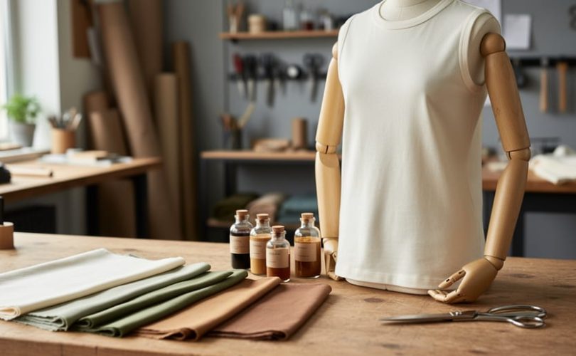 A studio workbench with organic fabric swatches and natural-dye supplies next to a plain garment on a wooden mannequin, illustrating sustainable apparel design.