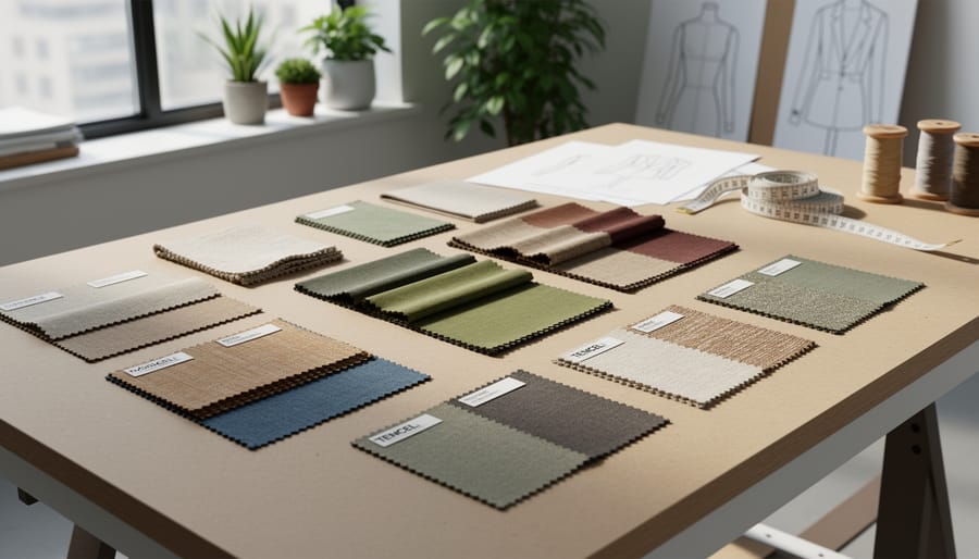 Garment designer arranging sustainable fabric swatches on a cutting table in a natural-lit studio