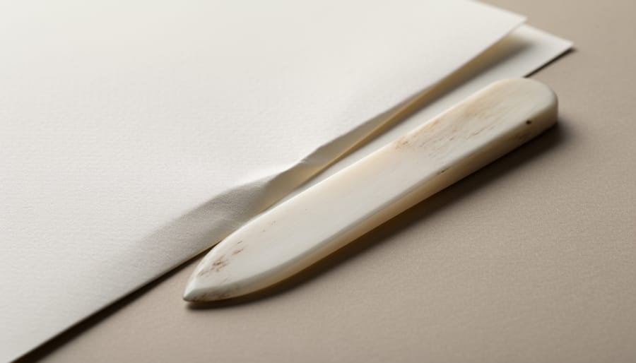 Bone folder positioned next to a sharply creased sheet of cream paper on a wooden workbench