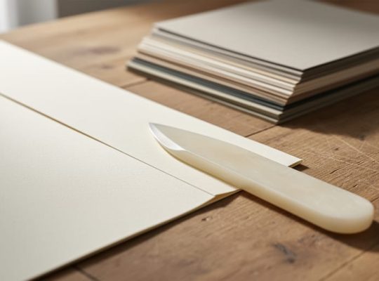 Bone folder tool placed beside thick cream cardstock with a crisp scored fold line on a wooden worktable.