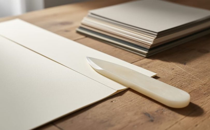 Bone folder tool placed beside thick cream cardstock with a crisp scored fold line on a wooden worktable.