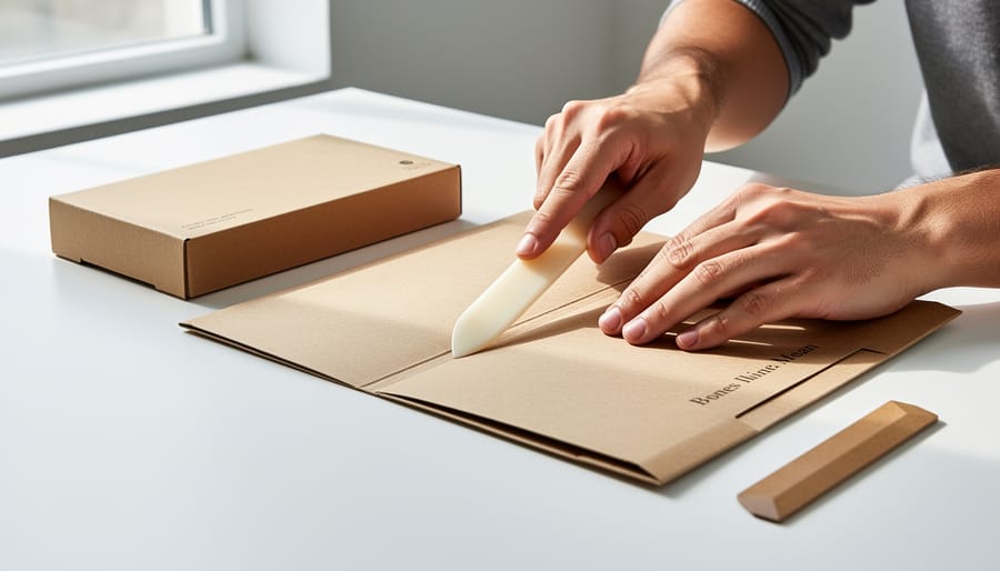 Hands using a bone folder to burnish paper inside a custom gift box