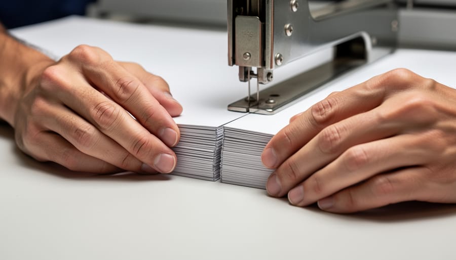 Hands aligning folded paper signatures on a cutting mat in preparation for saddle-stitch stapling