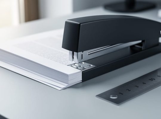“Close-up of a long-reach stapler fastening a folded paper booklet spine on a workbench with a ruler nearby.”