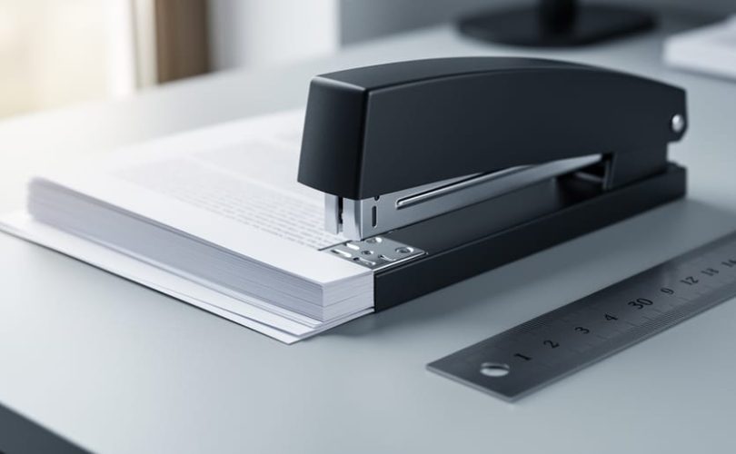 “Close-up of a long-reach stapler fastening a folded paper booklet spine on a workbench with a ruler nearby.”