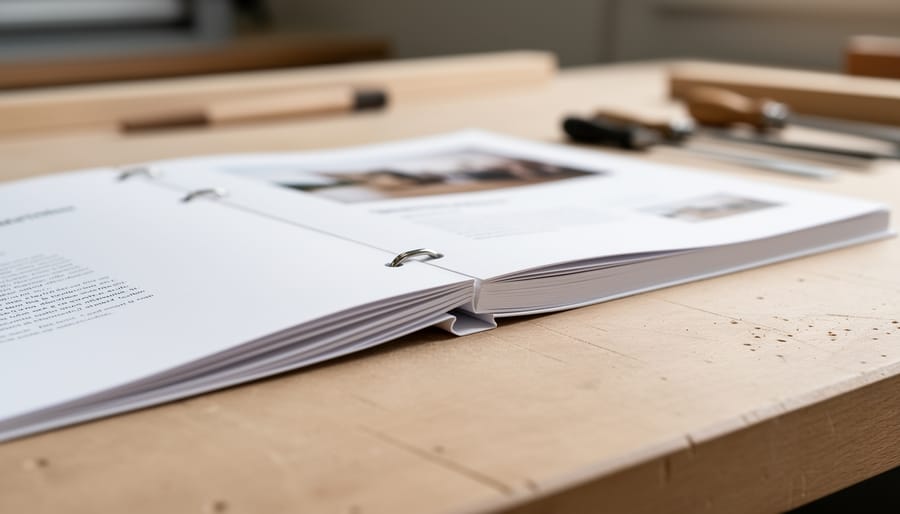 Open saddle-stitch booklet on a wooden workbench with staples visible along the center fold