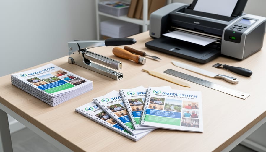 Saddle-stitch stapler and stacked booklet made from folded paper signatures on a tidy print workspace