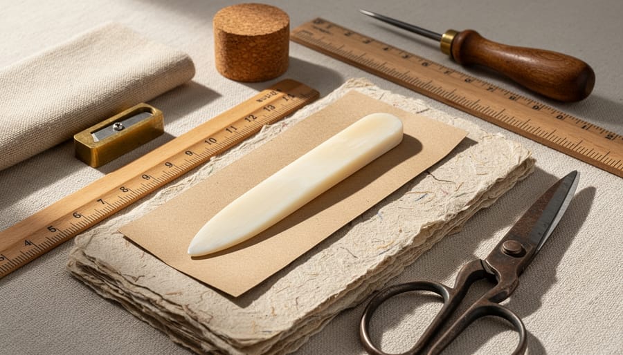 Bone folder on kraft paper with recyclable packaging materials and fabric swatches in a sustainable craft setting